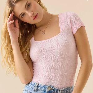 Altar'd State Light Pink Textured Square-Neck Short Sleeve Top